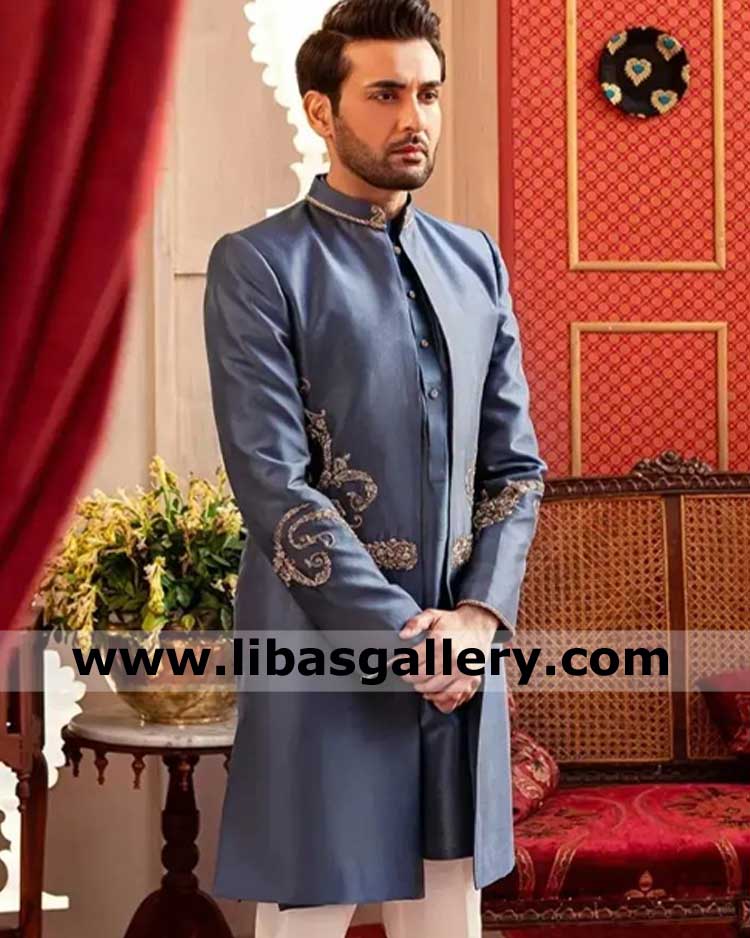 hand embellished Celestial Blue raw silk groom wedding sherwani affan waheed buy online nikah barat jacket sweden spain switzerland