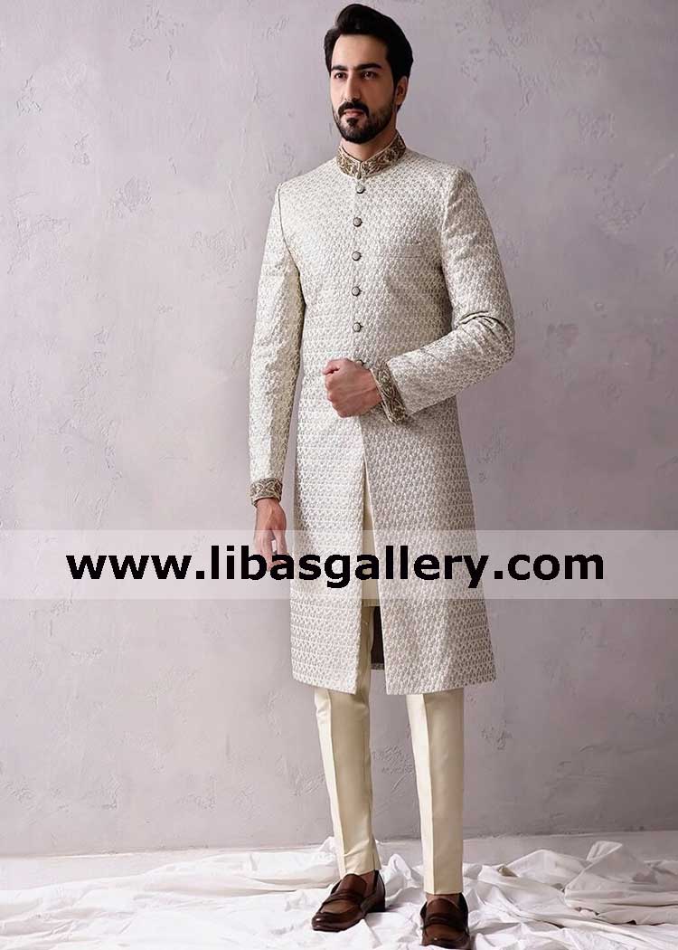 dulha sherwani in jamawar banarsi fabric off white hammad farooqui collar cuff nicely embellished classic and slim fit style for rukhsati wida tearing moments perth brisbane Australia