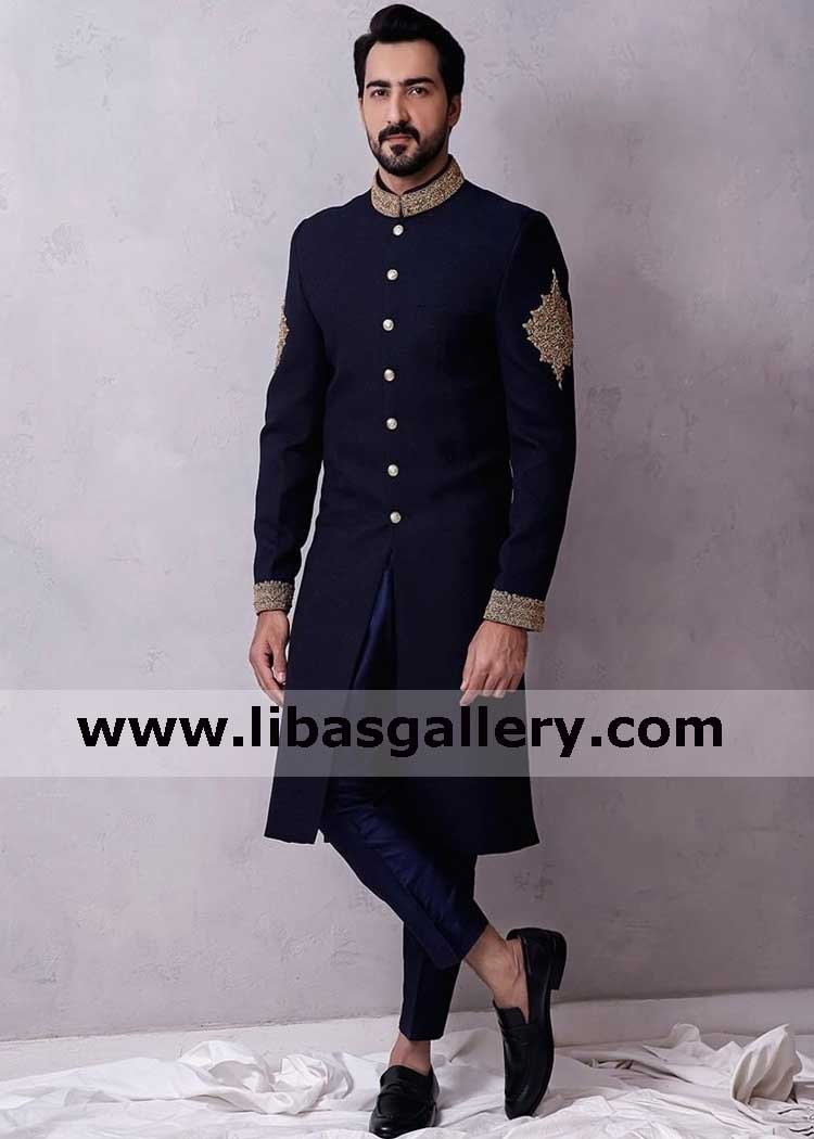 Dark blue mens wedding sherwani with matching inner suit