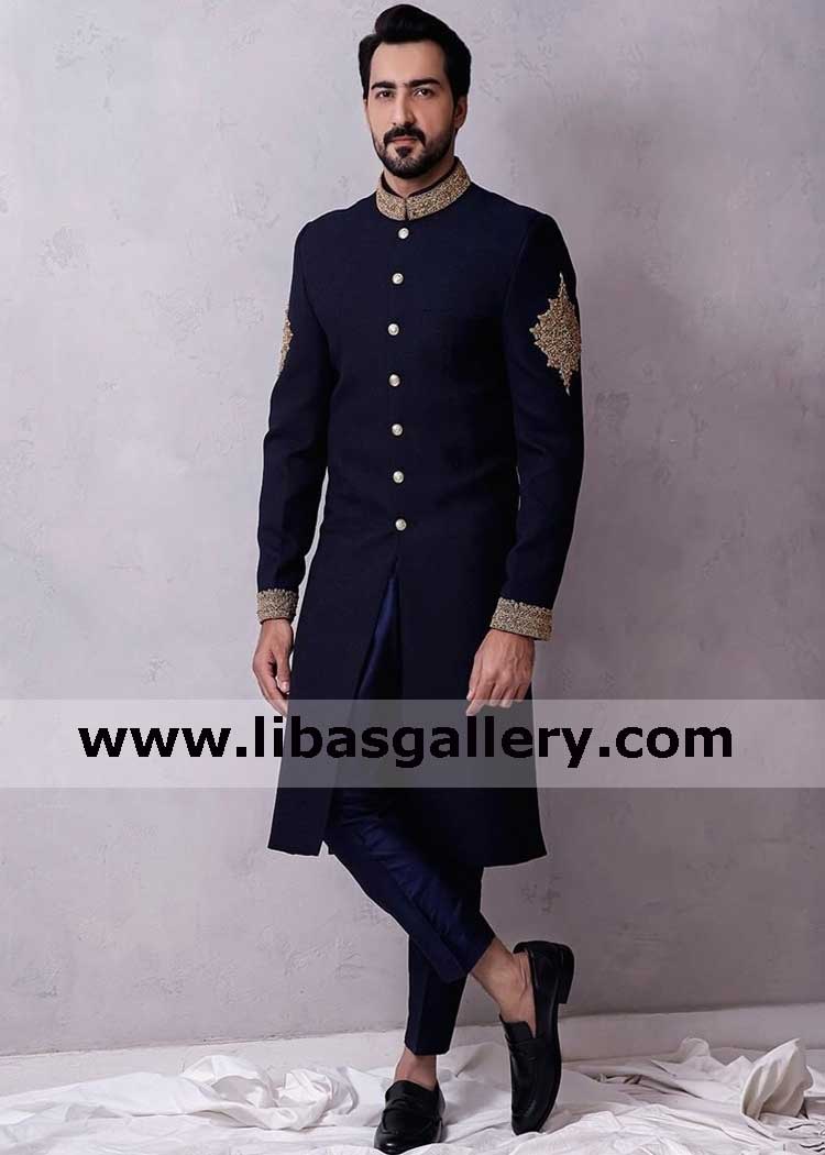 latest Dark blue mens wedding sherwani ideas paired with matching kurta pajama gold embroidery decoration fast dispatch company to uk usa canada