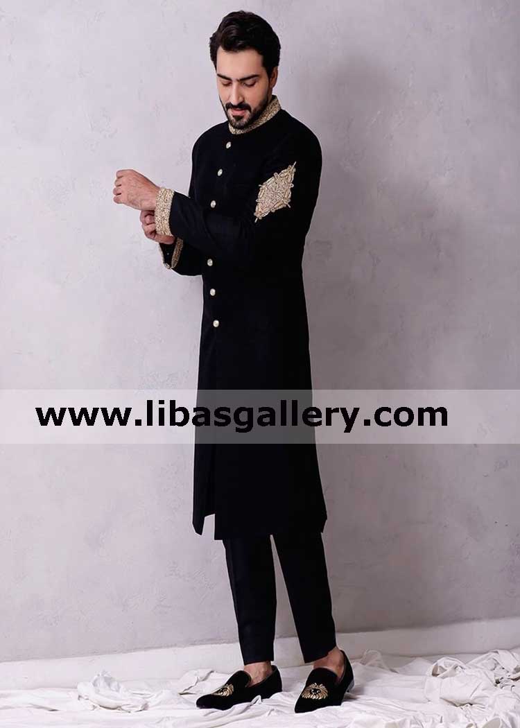 Black sherwani suiting fabric for common man nikah barat day dulha groom embellished wedding jacket fast dispatch dubai qatar kuwait