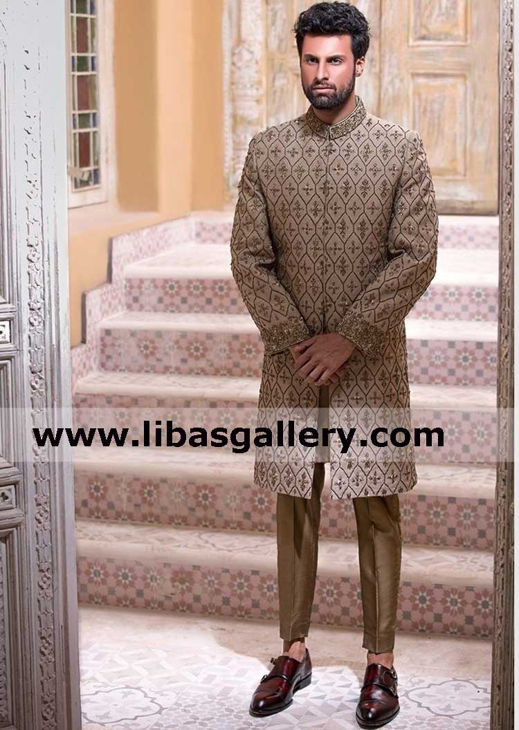 Groom wearing mens khaki embroidered wedding jacket in raw silk on nikah reception south africa europe asia usa