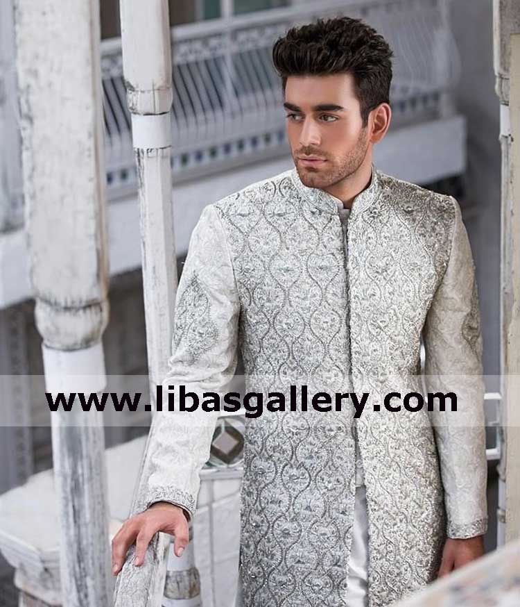 Innocent face groom in Precious jamawar sherwani article