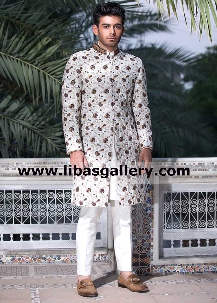 best quality embroidery on raw silk sherwani off white suitable price custom made dulha achkan for nikah barat minutes doha al khor dukhan qatar