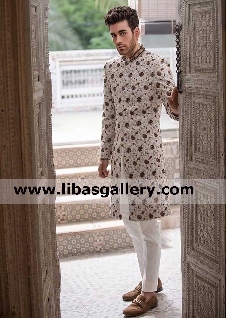 off white embroidered slim fit mens sherwani styles 