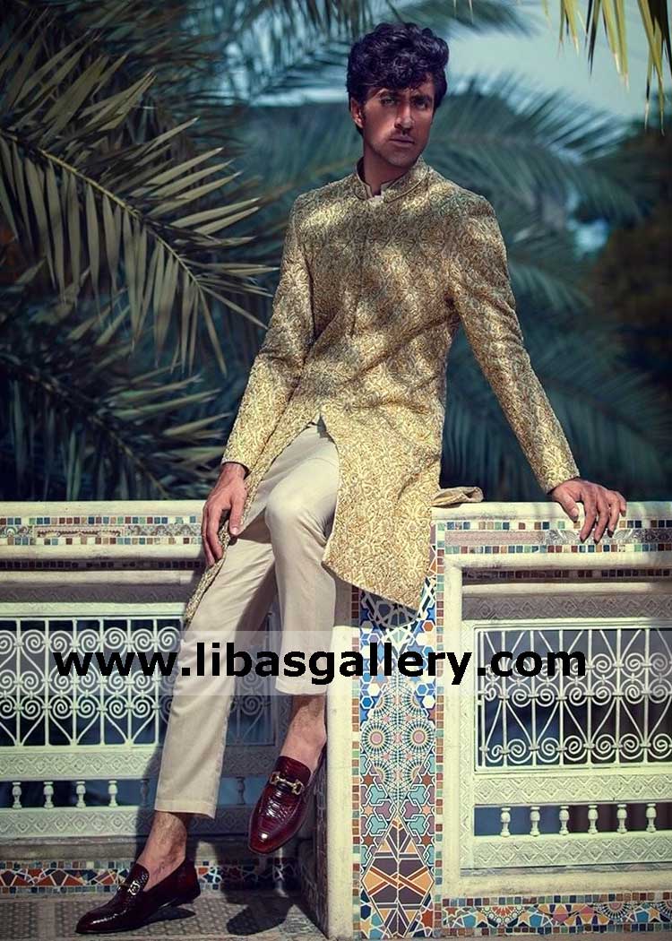 fall in love heavy embroidered groom sherwani suit selected by bride for nikah event buy summer achkan fast delivery asia europe south africa australia 