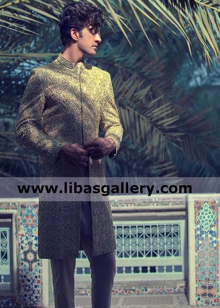 Smart Groom in embroidered sherwani taking fresh air on terrace