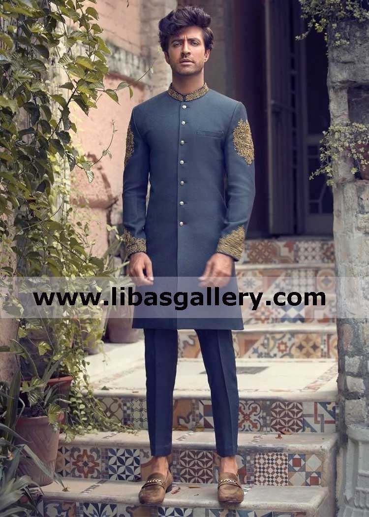 short length blue gold groom embellished wedding sherwani suit