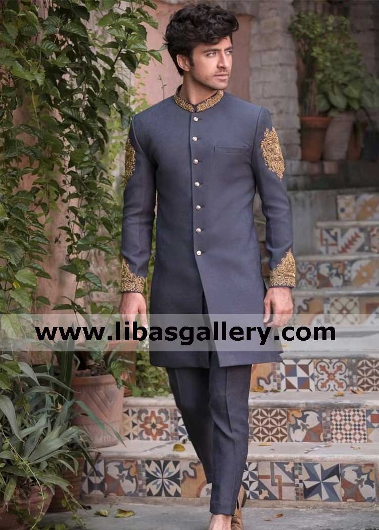 short length blue gold groom embellished wedding sherwani suit