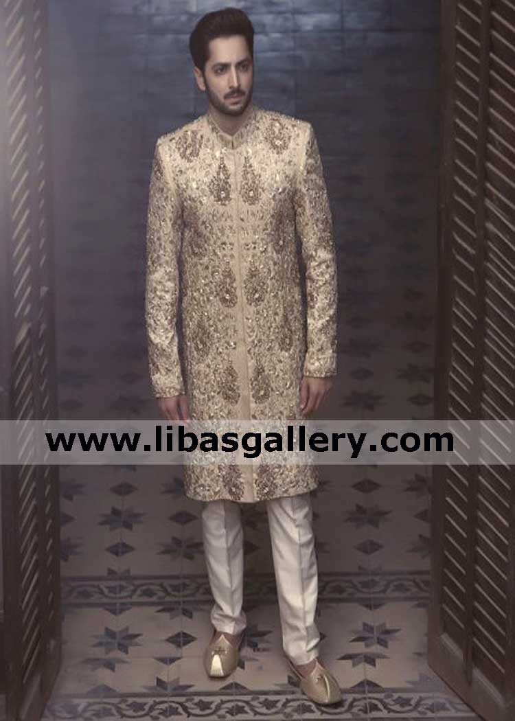 Grand embellished sherwani suit for groom nikah barat time