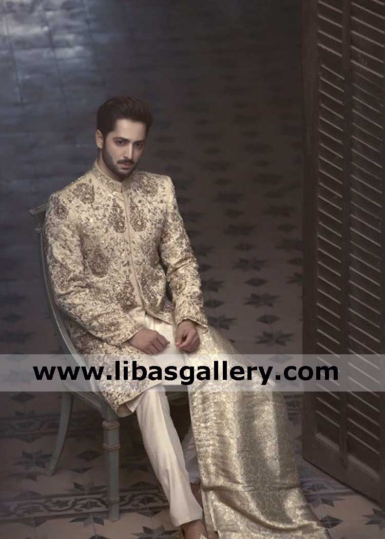 Grand embellished sherwani suit for groom nikah barat time