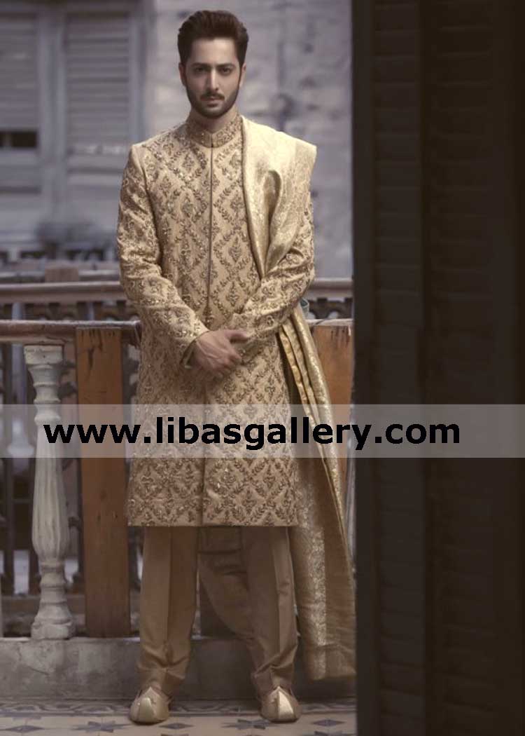 Proud feeling embellished groom nikah barat achkan sherwani
