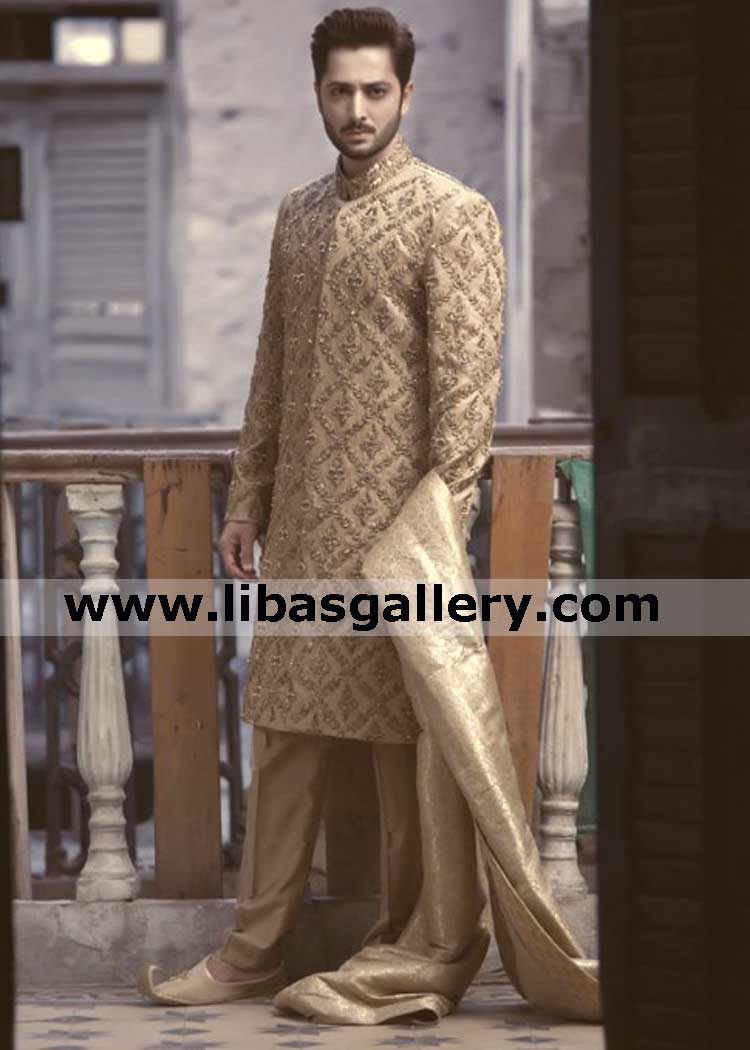 Proud feeling embellished groom nikah barat achkan sherwani