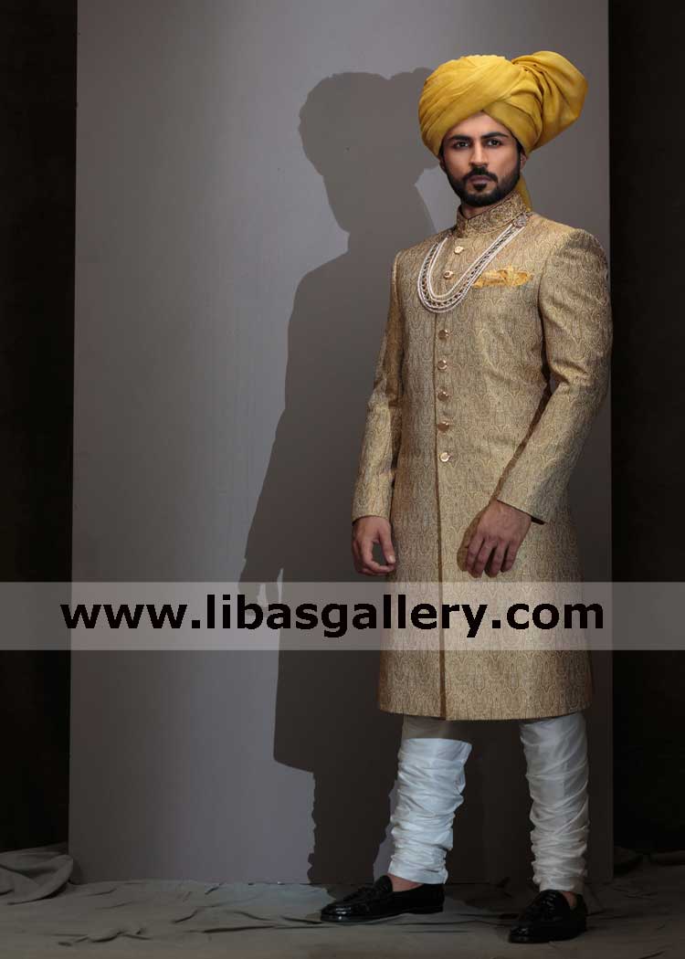 Golden custom made jamawar groom wedding jacket