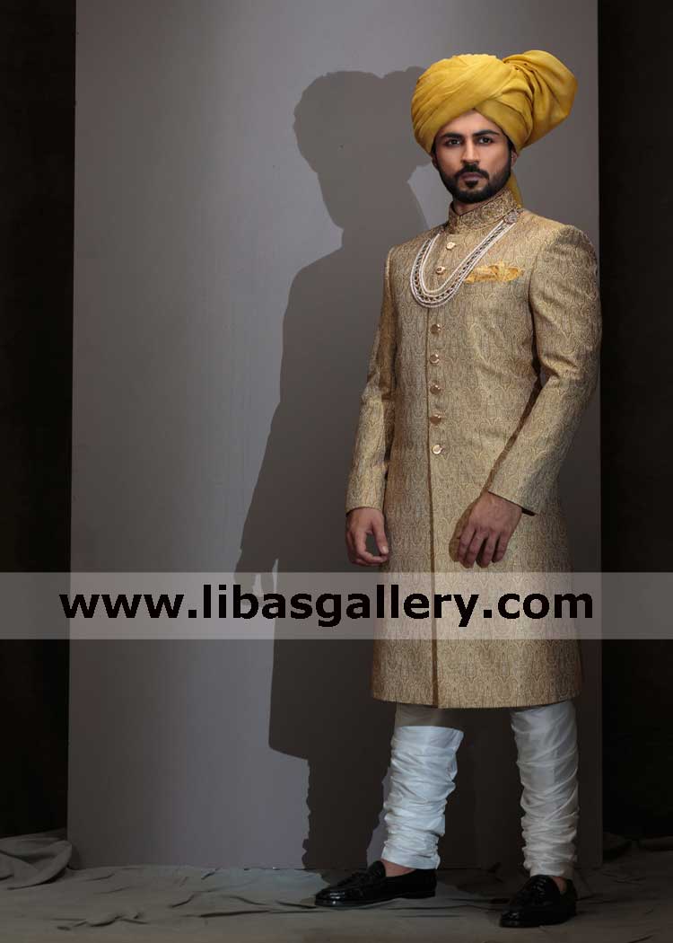 Golden custom made jamawar groom wedding jacket paired with inner kurta and churidar pajama hand embellished collar France Germany Dubai