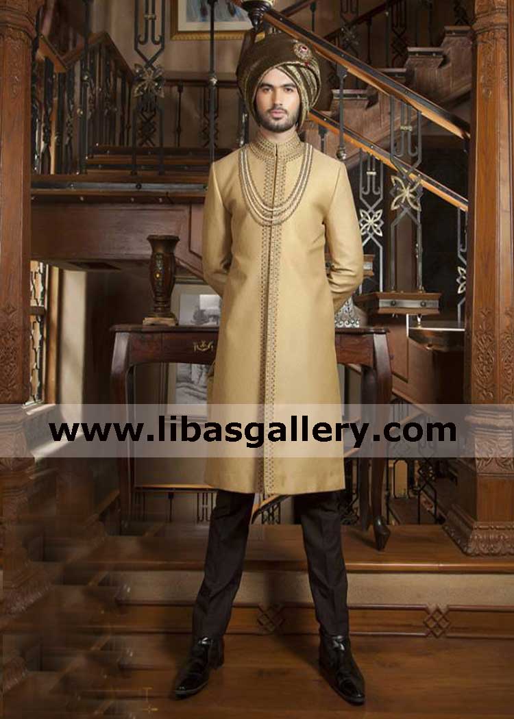 Exclusive gold wedding sherwani suit for nikah barat day hand embellished on front and collar book appointment uk usa canada