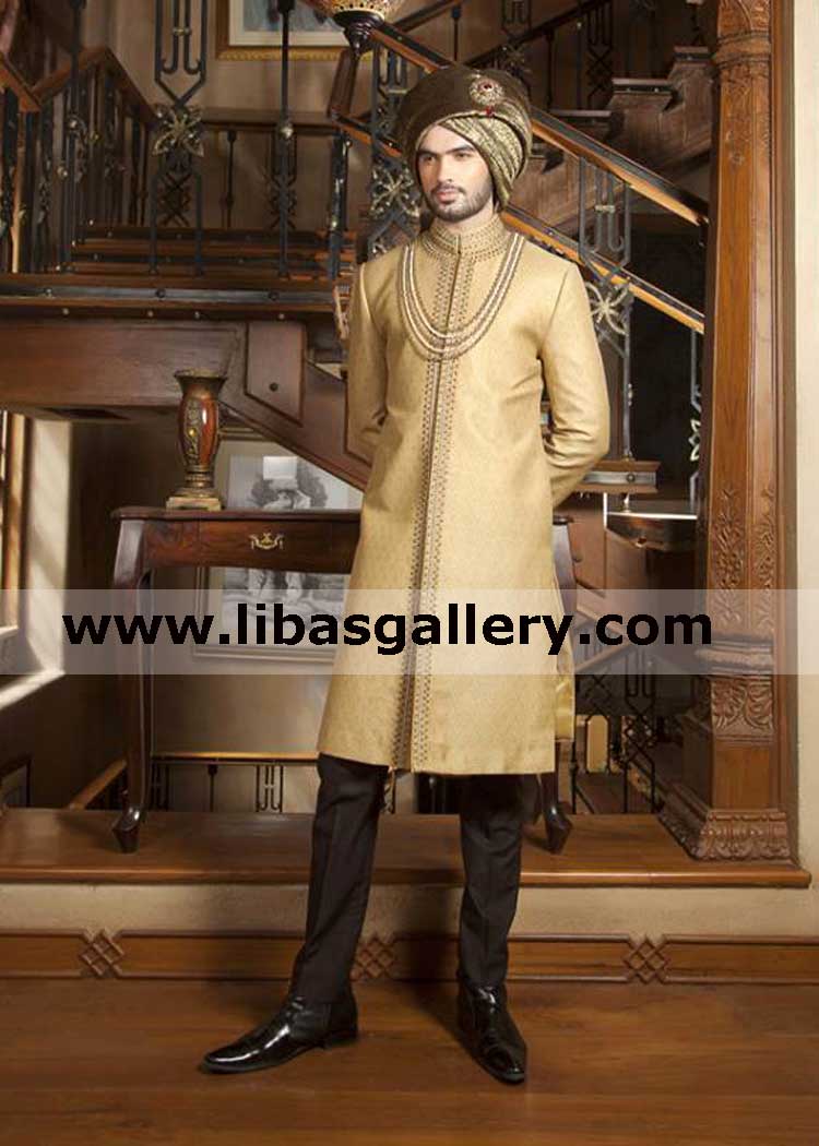 Exclusive gold wedding sherwani suit for nikah barat day