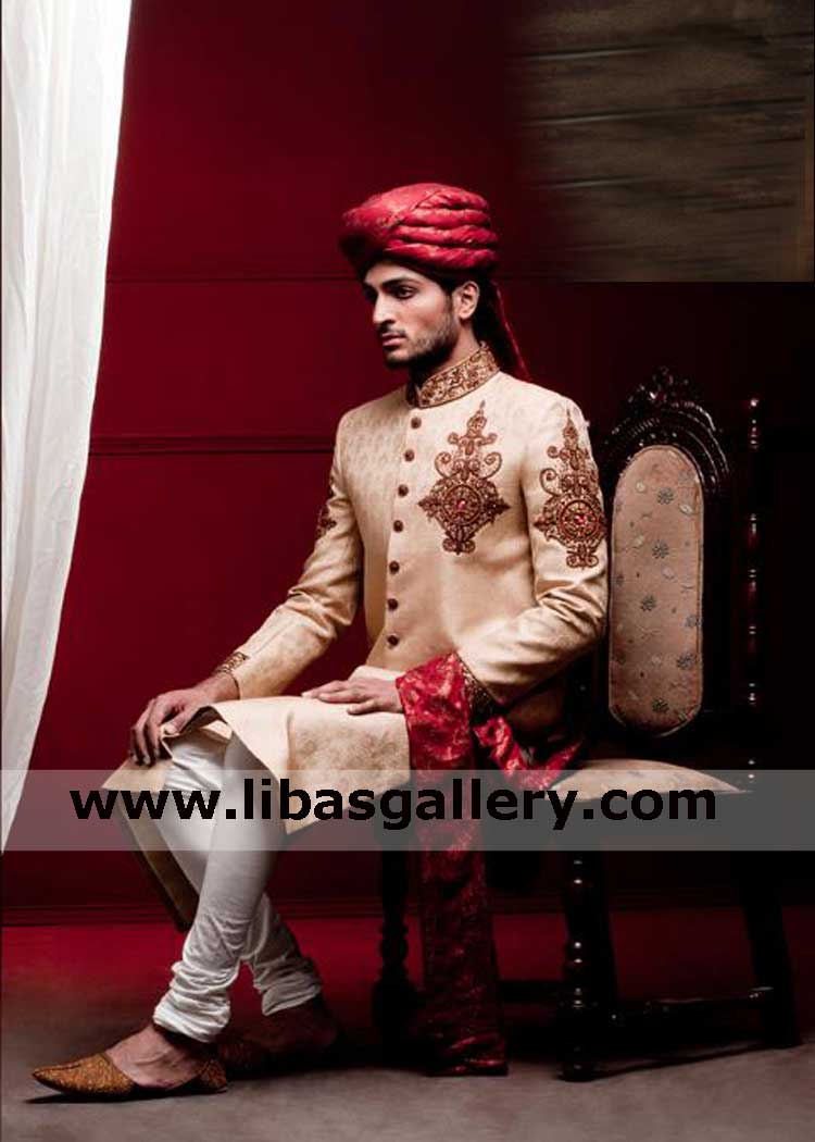 omar shahzad in Jamawar Mens Wedding nikah jacket antique hand embellishment on collar sleeves front book your appointment with fashion consultant uk usa canada