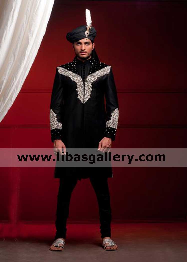 black dulha groom sherwani omar shahzad in raw silk with white rich quality embellishment on front sleeves collar buy online france germany scotland