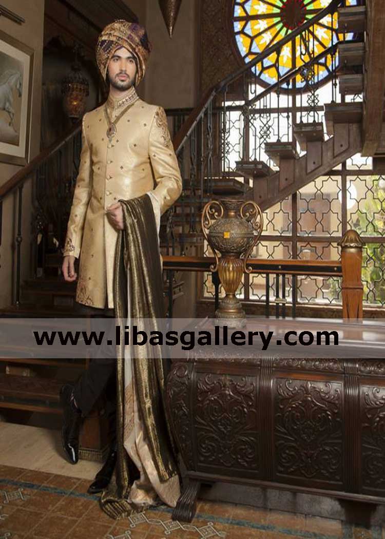 Day wear barat nikah program groom gold sherwani