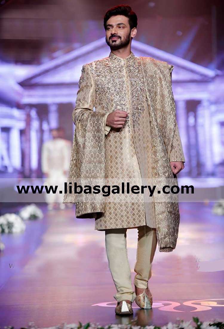 Gold jamawar sherwani for exotic man coming to home country for wedding