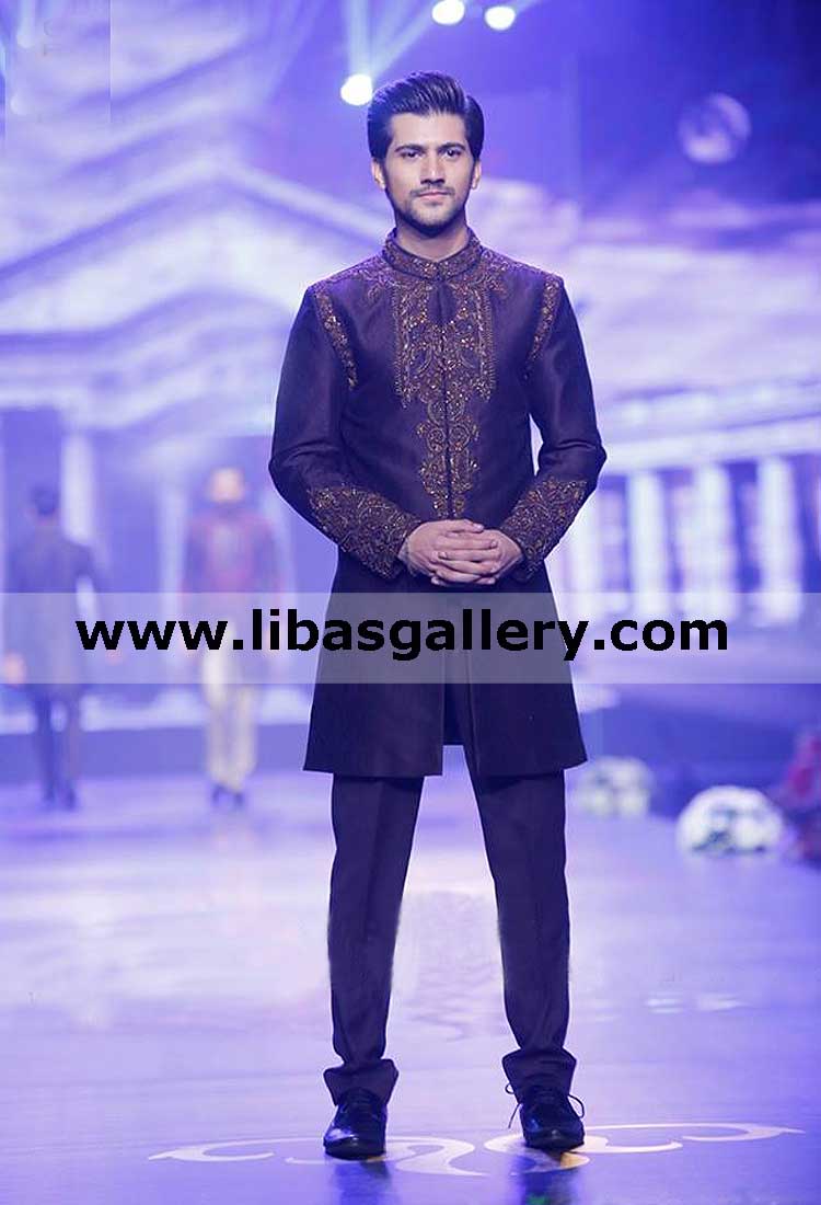 Viceroy style Antique gold hand embellished dark shade nikah barat sherwani indo western designer item book online appointment uk usa canada