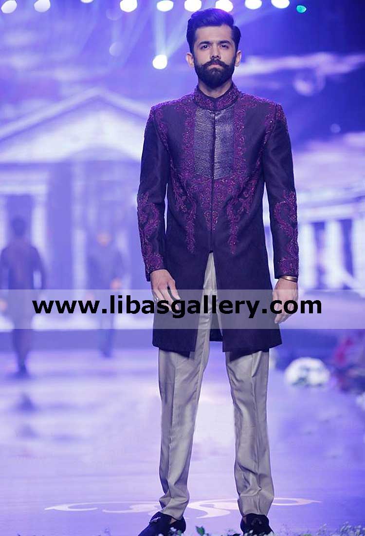 new A style open panel groom wedding sherwani purple embellishment on front sleeves and collar indo western achkan Turkmenistan Singapore Saudi Arabia