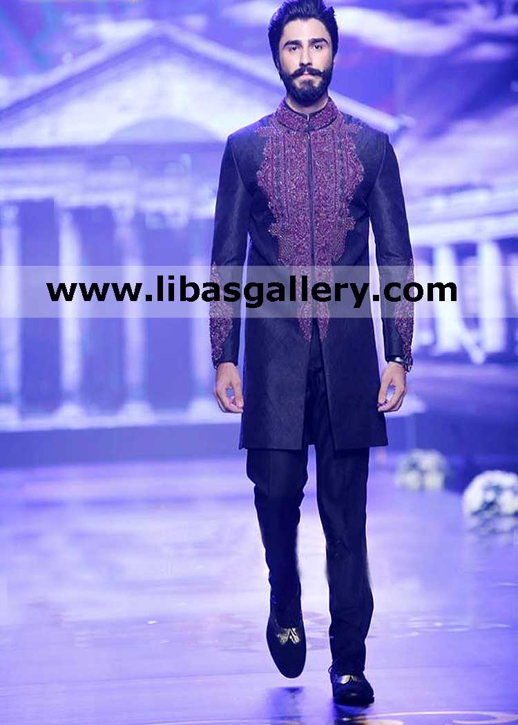 indo western style slim fit groom jamawar wedding sherwani