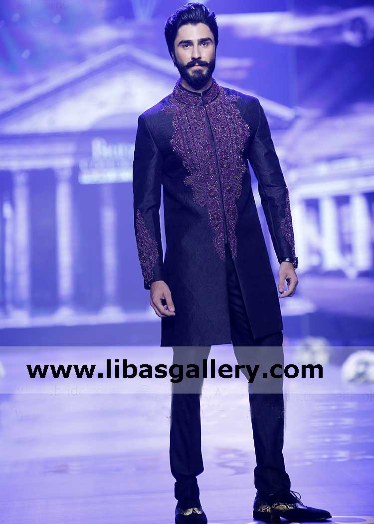 indo western style slim fit groom jamawar wedding sherwani