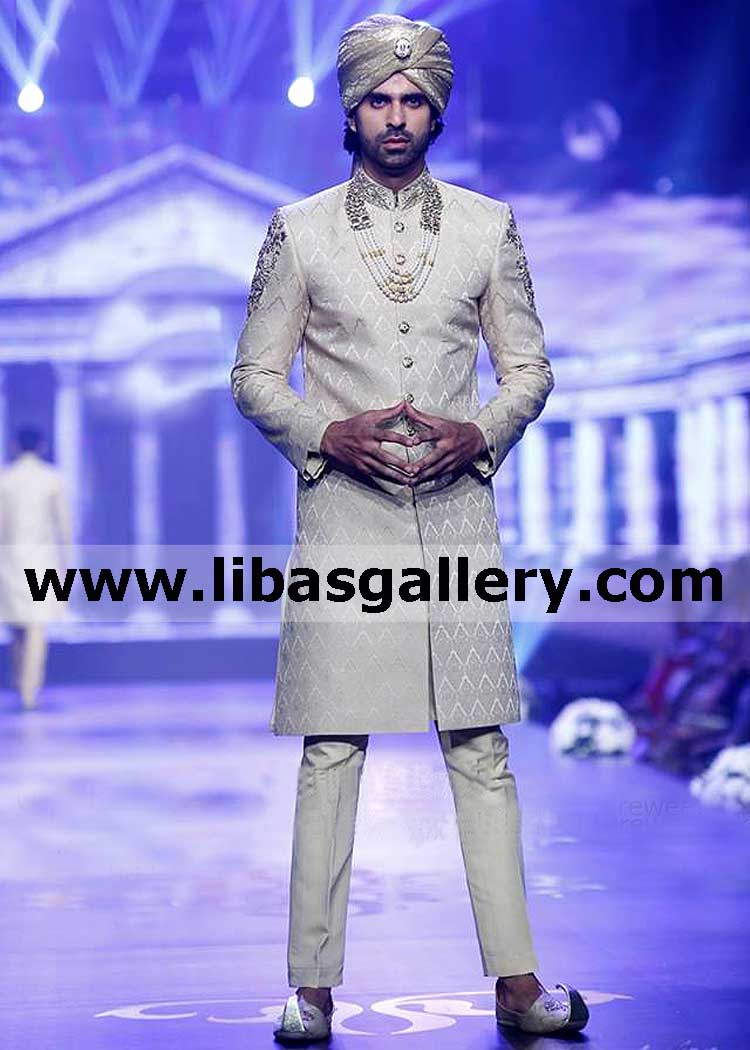 Royal nawab style jamawar designer sherwani for groom nikah barat special day hand work on arms and collar kora dabka stones southhall london glasgow uk