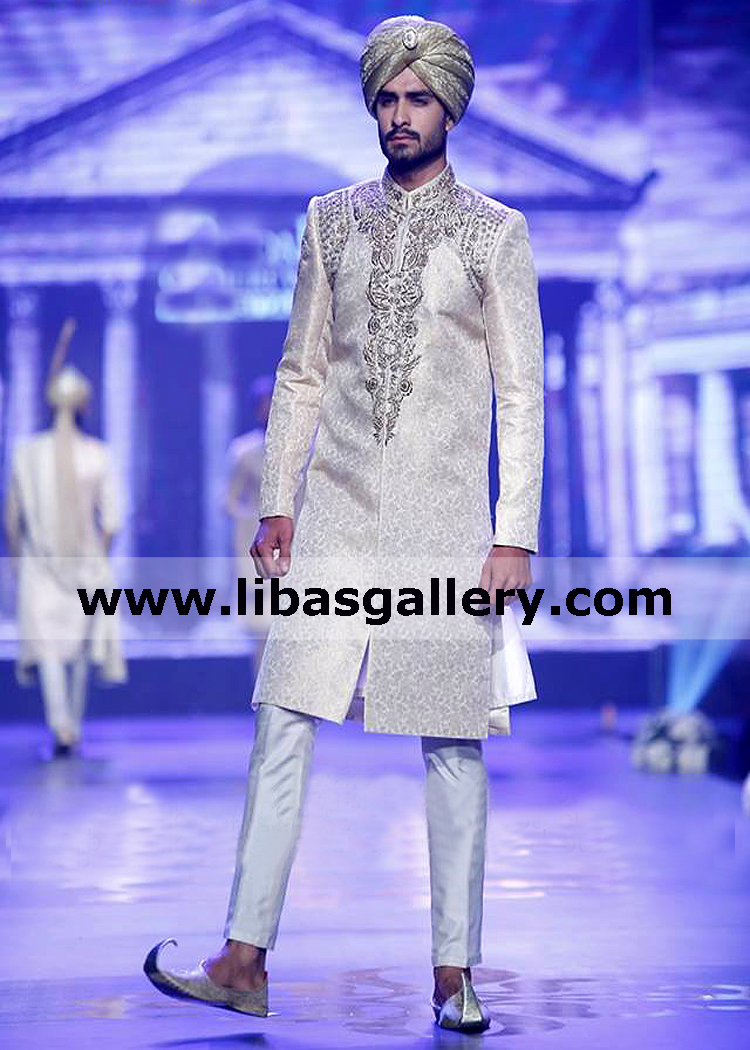 Stylish off white Jamawar Groom Sherwani embellished for nikah barat day