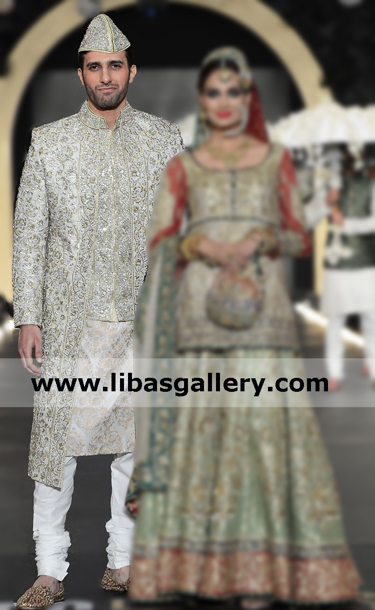 Jamawar Groom Sherwani Multi Layer Emmad Irfani With Inner Embellished Indo Western Coat 