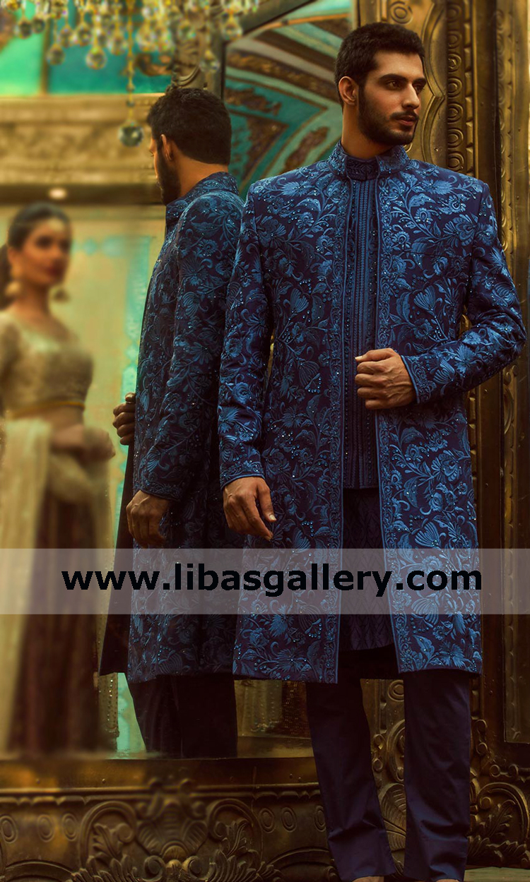 Blue sherwani raw silk embroidered groom nikah barat article