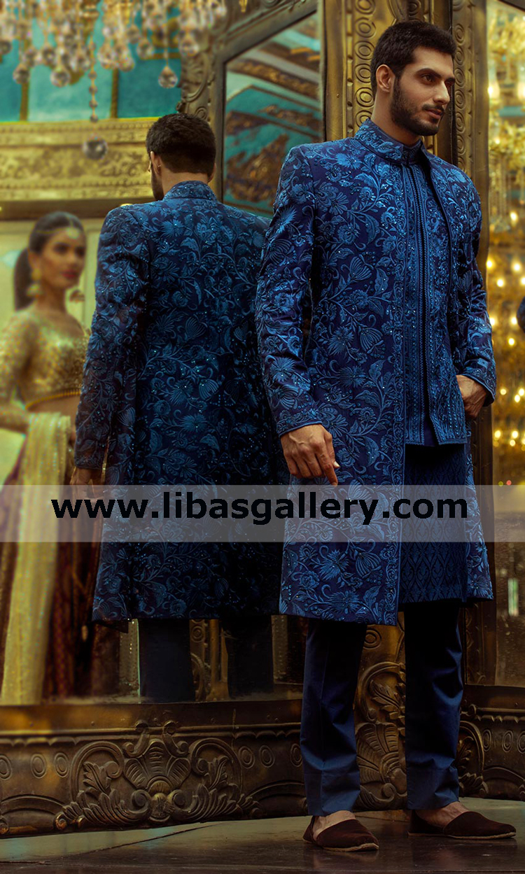 Blue sherwani raw silk embroidered groom nikah barat article