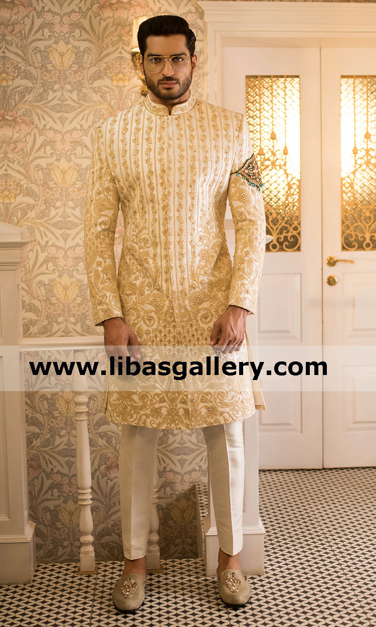 Men Embroidered sherwani design in raw silk off white for grand wedding day omar shahzad showcasing achkan saudi arabia qatar germany