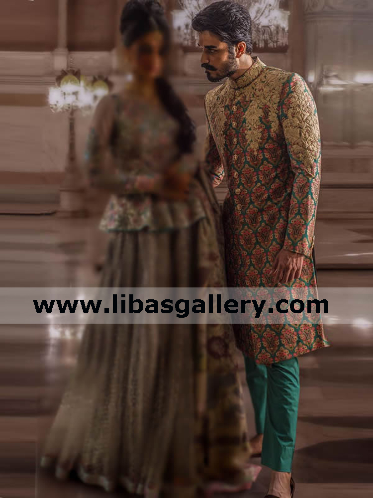 Bespoke green gold wedding sherwani suit for quick nikah program place order for summer winter wedding achkan singapore taiwan korea