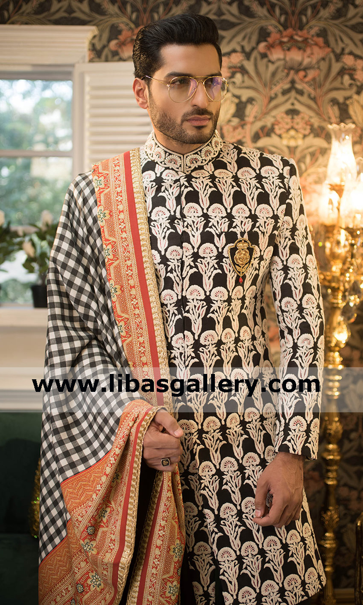 Groom Black heavy embroidered sherwani for big wedding program