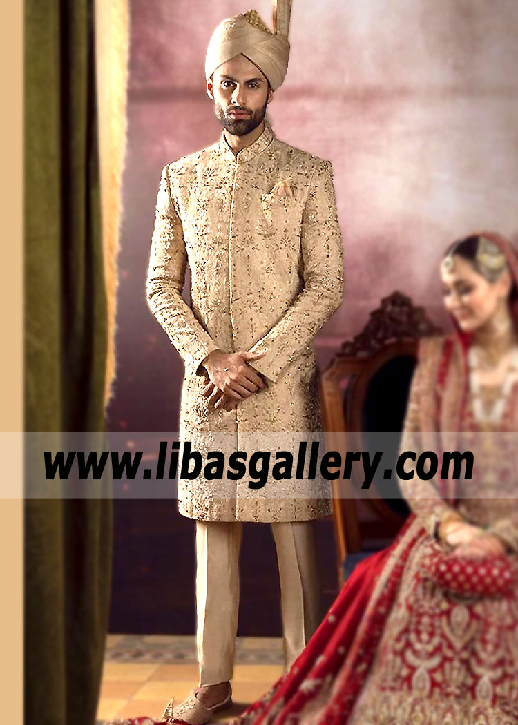 Jute beige wedding wear designer sherwani - G3-MSH10004 | G3fashion.com