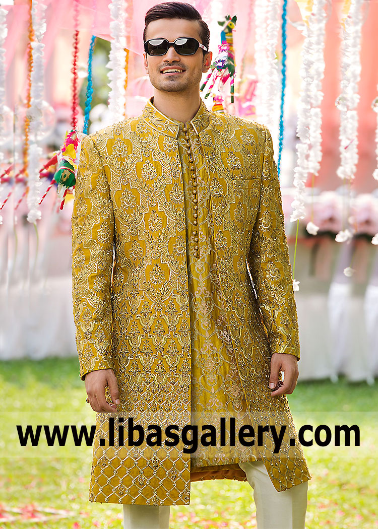 Front Open Style Ochre Saffron Designer Luxury Embellished Men Wedding Sherwani Style with embroidered matching Loop Buttons Kurta San Diego San Francisco Dallas USA