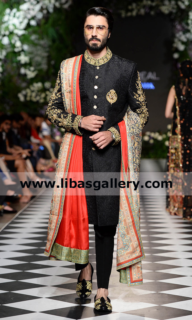 jamawar Barat Nikah Sherwani Azfar Rehman wearing for Groom embroidery on  front opening and collar france uk usa germany