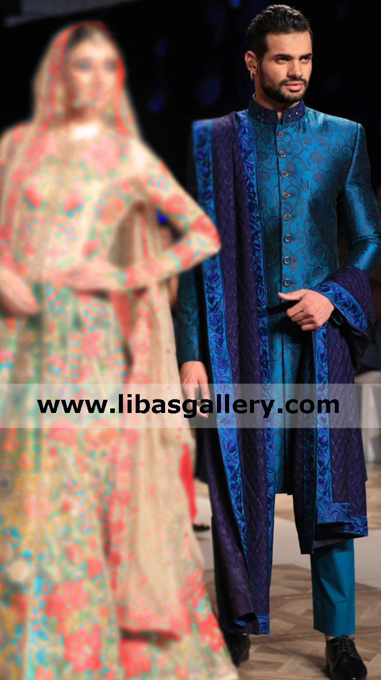 Common man jamawar groom wedding sherwani in imperial blue color fast stitching and delivery worldwide shop online Stoke on Trent Coventry UK