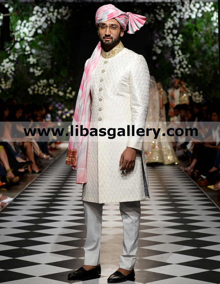 Royal white groom wedding sherwani hand crafted gold work details on collar by kora dabka thread uk usa qatar