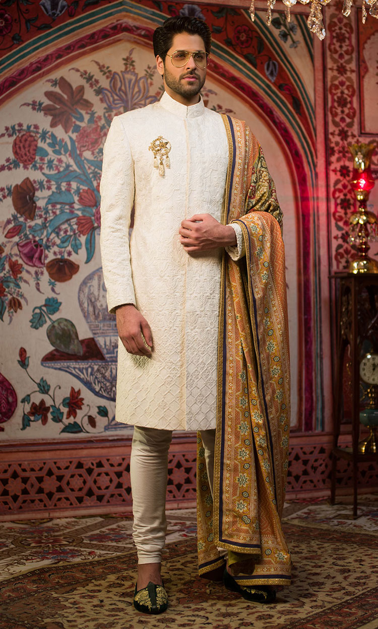 off white common man beautiful jamawar wedding sherwani
