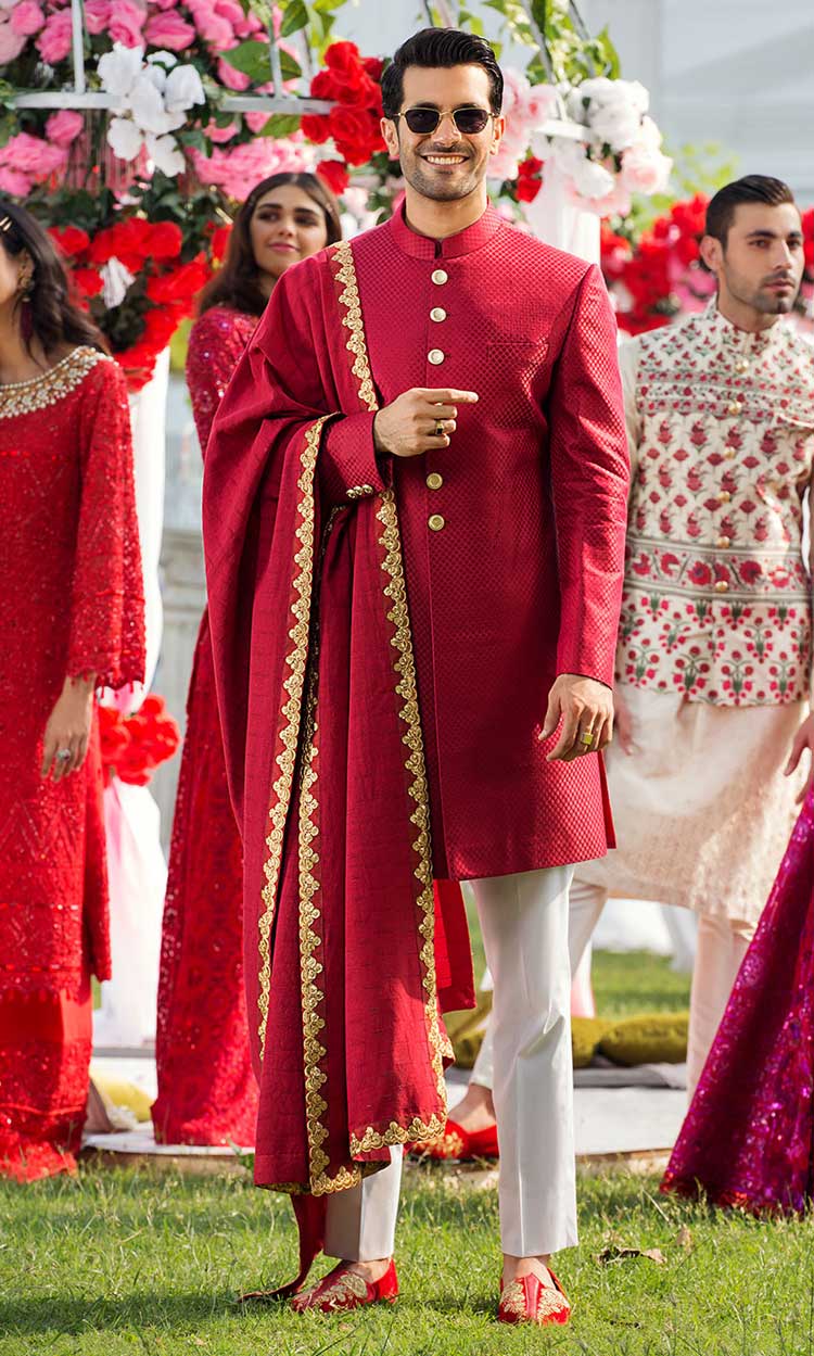 Self Embossed Scarlet Brocade Men Wedding Sherwani Article