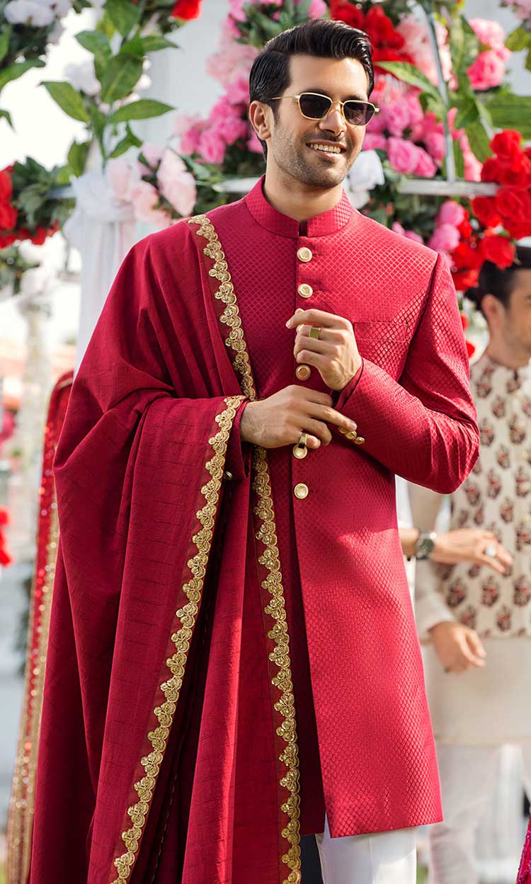 Self Embossed Scarlet Brocade Men Wedding Sherwani Article