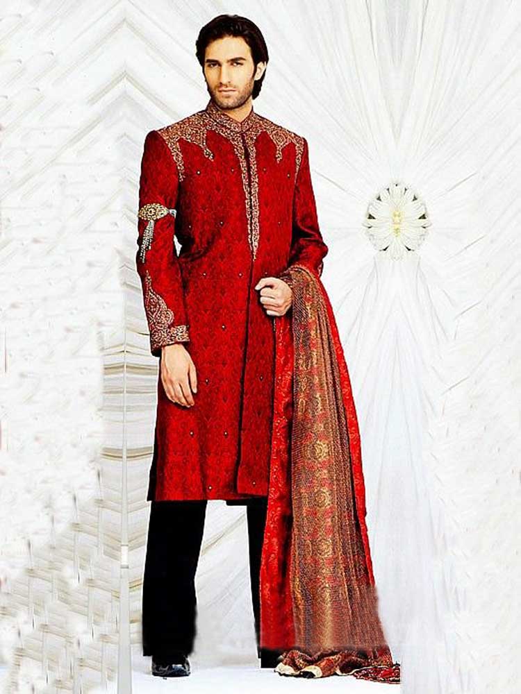 Red sherwani dress for disciplined nikah barat groom