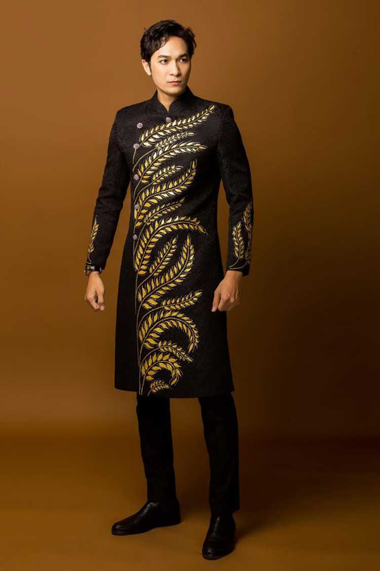 Angrakha Black gold wheat leaf embroidered groom wedding sherwani suit