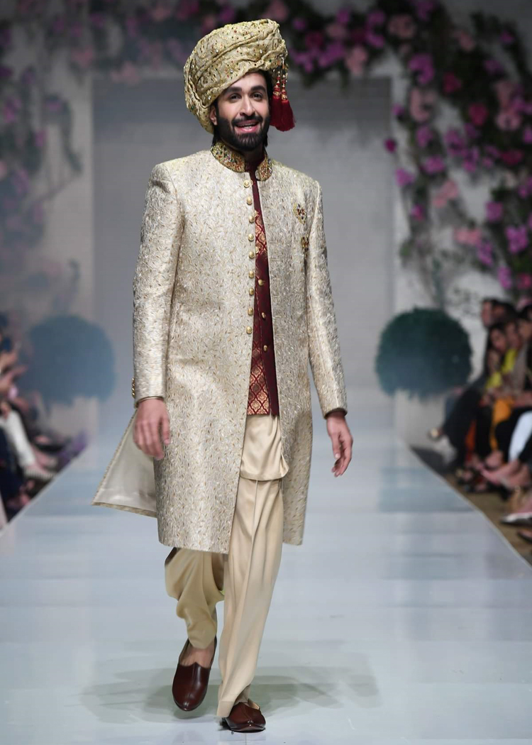 Jamawar Gold Embroidered groom comfort level sherwani