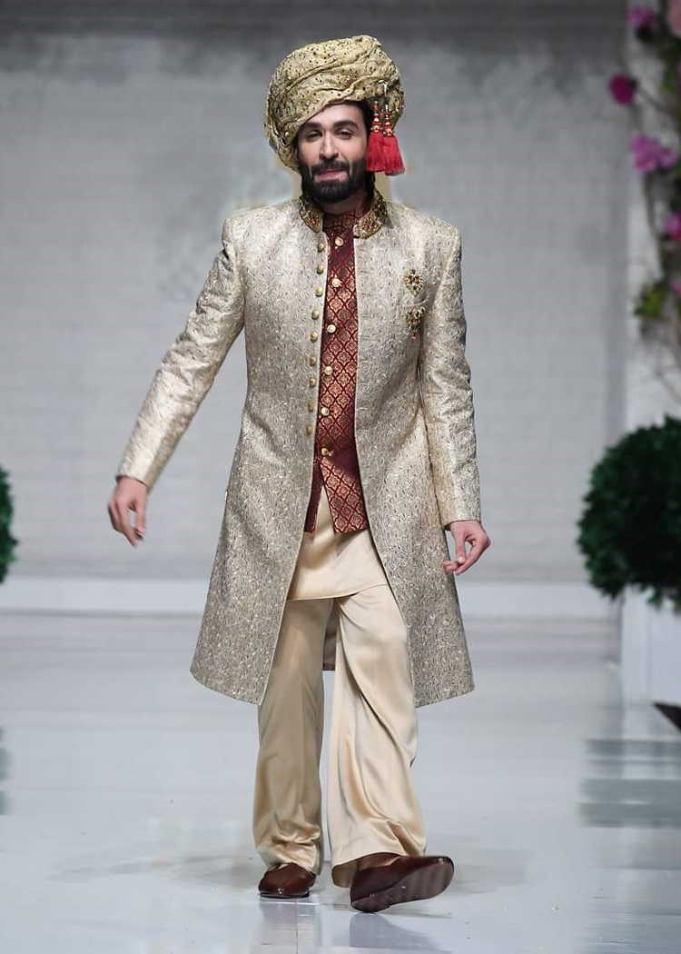 Jamawar Gold Embroidered groom comfort level sherwani