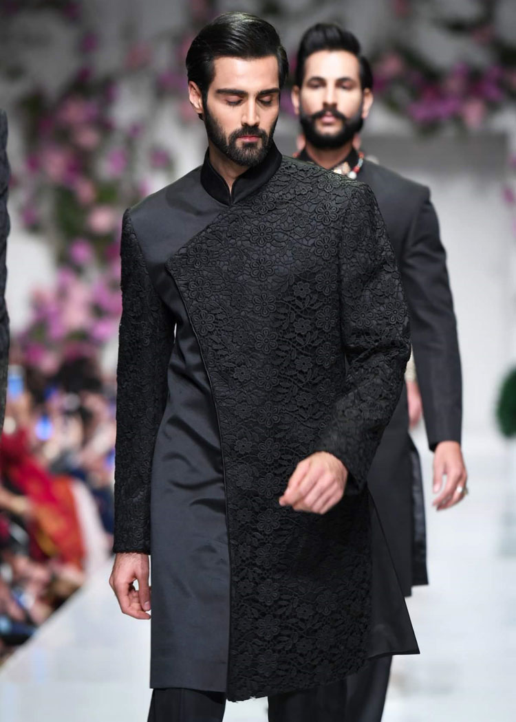 Angrakha style black heavy embroidered groom wedding sherwani design